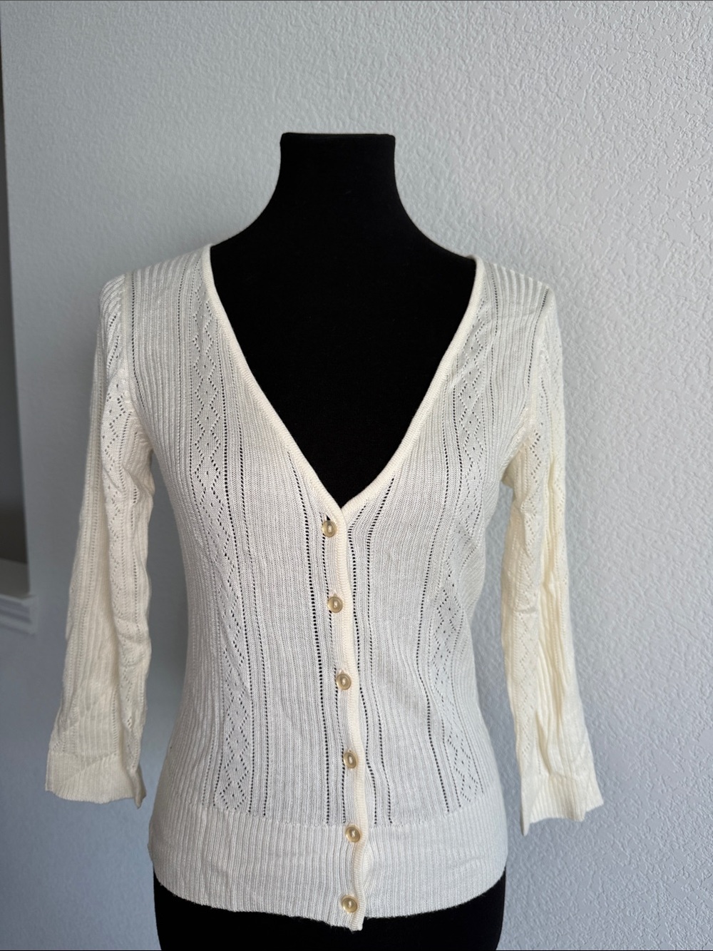 New York & Company Cream V-Neck Button Front Knit Cardigan